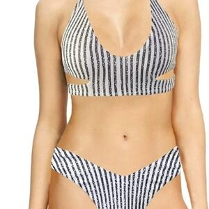 NEW Ladies Black and White Shimmer cross cross back high cut Bikini